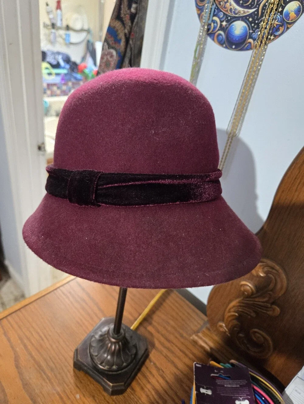 Nine West Plum Wool Cloche Hat with Velvet Band